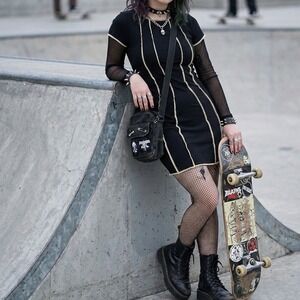 See You Monday Black Mini Dress Size S Ribbed Stretch Bodycon Goth Y2K Grunge